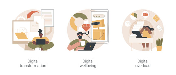 Poster - Business digitalization abstract concept vector illustration set. Digital transformation, office wellbeing, digital overload, paperless workflow, social media time tracking app abstract metaphor.