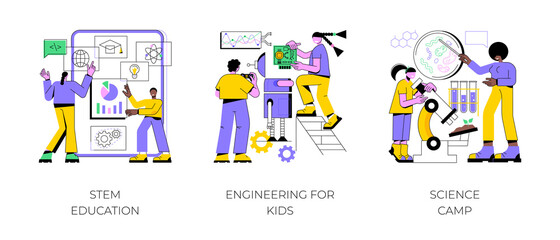 Poster - fun learning activities abstract concept vector illustration set. stem education, engineering for ki