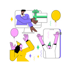 Poster - Virtual Holiday party abstract concept vector illustration. Online celebration, virtual office party, playing games, digital greeting idea, corporate event, quarantine fun abstract metaphor.
