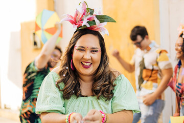 Portrait of a Brazilian woman during a carnival block