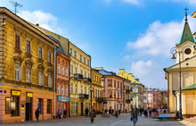 View Of Traditional Colored Tenements Houses On Central Streets Of Polish City Of Lublin In Sunny Spring Day