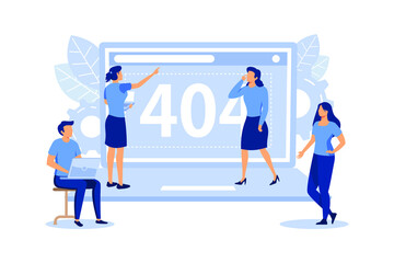 Poster - error 404, disconnection from the internet, unavailable, little people are angry vector flat vector 