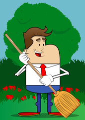 Wall Mural - Simple retro cartoon of a businessman holding a broom. Professional finance employee white wearing shirt with red tie.