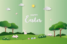 Happy Easter Greeting Card On Green Paper Craft Background,rabbits Jumping On Grass For Festive Spring Holiday,poster,banner Or Wallpaper