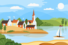 Summer Landscape. Houses On Riverbank Among Trees And Shrubs Against Blue Sky With Clouds, Sun And Mountains In Background. Boat With White Sails Floats On Water. Vector Illustration In Flat Style.