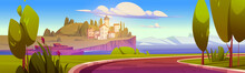 Summer Mediterranean Landscape With Sea Harbor, City On Hill And Mountains On Horizon. Vector Cartoon Illustration Of Town In Europe, Road, Green Grass And Trees On Lake Coast
