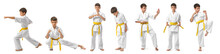 Little Boy Practicing Karate On White Background