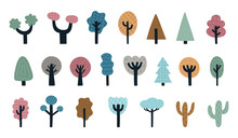 A Set Of Hand Drawn Stylized Trees. Colored Graphic Trees. Vector Illustration In A Flat Style