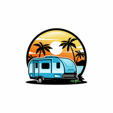 Camper Trailer, Caravan Trailer Camping In The Beach Illustration Vector	