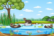 River In The Forest With Otters Cartoon