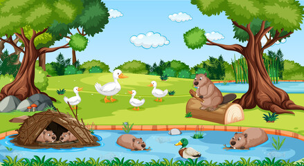 Wall Mural - River in the forest scene with wild animals