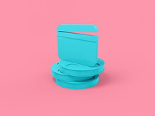 Blue Mono Color Movie Clapper On Film Reels On A Pink Solid Background. Minimalistic Design Object. 3d Rendering Icon Ui Ux Interface Element.