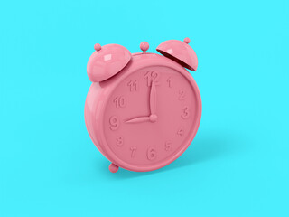 Poster - Pink one color alarm clock on a blue flat background. Minimalistic design object. 3d rendering icon ui ux interface element.