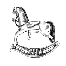 A Hand-drawn Ink Sketch Of  A Vintage Wooden Baby Rocking Horse. Outline On A White Background, Vintage Vector Illustration.   Vintage Sketch Element For Labels, Packaging And Cards Design.