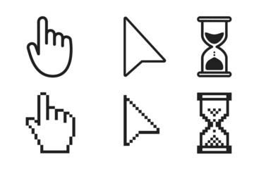 Leinwandbilder - Black hourglass loading clock, pointer hand and arrow mouse cursors icon sign graphic element flat style design vector illustration set. Simplistic pictogram indicator sign, endless time process idea.