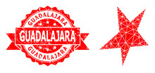 Low-Poly Triangulated Asymmetrical Star Symbol Illustration, And Guadalajara Scratched Stamp Seal. Red Stamp Seal Has Guadalajara Tag Inside Ribbon.
