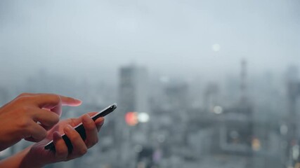 Poster - People using a smart phone in front of the city.
