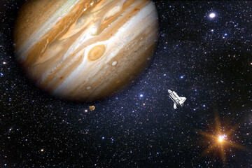 Wall Mural - space shuttle flying towards the planet jupiter. outer space explorer. cosmic futuristic concept. so