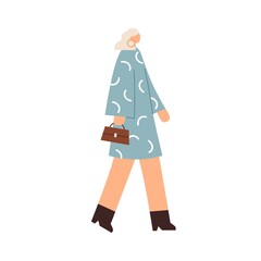 Wall Mural - Elegant woman walking, wearing dress, heeled shoes and accessories. Modern female strolling with bag in hand. Side view of faceless lady going. Flat vector illustration isolated on white background