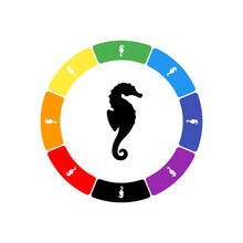 A Large Black Sea Horse Symbol In The Center, Surrounded By Eight White Symbols On A Colored Background. Background Of Seven Rainbow Colors And Black. Vector Illustration On White Background