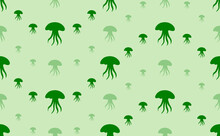 Seamless Pattern Of Large And Small Green Jellyfish Symbols. The Elements Are Arranged In A Wavy. Vector Illustration On Light Green Background