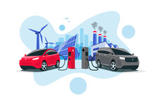 Comparing Electric Versus Gasoline Car. Electric Car Charging At Charger Vs. Diesel Vehicle Refueling Petrol Gas Station. Renewable Clean Solar Wind Energy With Old Dirty Fossil Coal Power Generation.