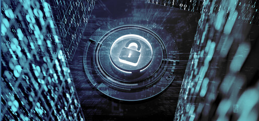 Poster - Security logo in a science fiction digital world - 3d rendering