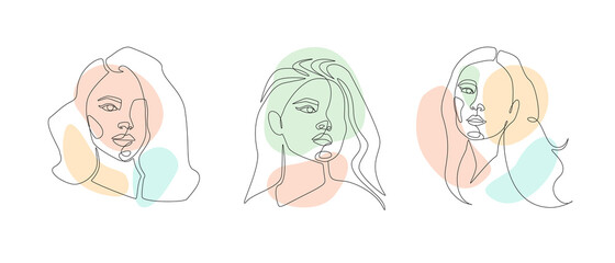 Aufkleber - Set of Womens faces one continuous line drawing. Minimalist abstract female portrait in simple linear style for logo, prints, tattoos, posters, textiles, postcards. Doodle Vector illustration