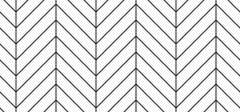 White chevron herringbone parquet floor seamless pattern with diagonal panels. Vector wooden or brick wall texture. Modern interior background. Outline monochrome wallpaper.
