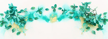 Creative Image Of Emerald And Green Hydrangea Flowers On Artistic Ink Background. Top View With Copy Space