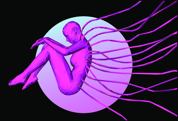 Poster - Low poly human in a fetal pose with wires coming from the body. 3D vector illustration.