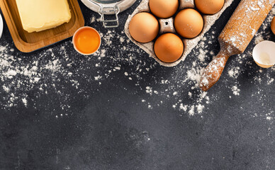 Poster - Ingredients for cooking pie with copy space. Bakery background top view