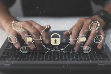 Poster - Data and document protection concept, a man uses a laptop.
