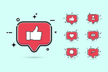 Poster - social media button set with red color. social button with like, love, comment, view, share and foll