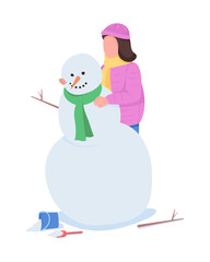 Poster - Woman building snowman semi flat color vector character. Standing figure. Full body person on white. Winter activity isolated modern cartoon style illustration for graphic design and animation