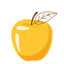 One Yellow Apple With A Leaf In A Hand-drawn Style. Vector Illustration Isolated On A White Background For Postcards And Prints
