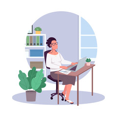 Fototapete - Woman office semi flat color vector character. Sitting figure. Full body person on white. Corporate room isolated modern cartoon style illustration for graphic design and animation