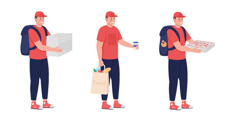 Poster - Courier with food semi flat color vector character set. Posing figure. Full body people on white. Delivery isolated modern cartoon style illustration for graphic design and animation bundle