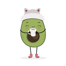 A Cute Smiling Avocado Character In A Winter Cat Hat Holds A Warming Drink, Coffee, Cocoa. Printable Print For Clothes, Posters, Notebooks, Postcards. Cartoon Isolated Illustration On White Background