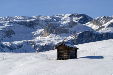 Poster - dolomites snow panorama wooden hut val badia armentara