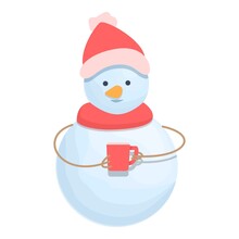 Snowman With Team Mug Icon Cartoon Vector. Hat Ice Man. Winter Scarf