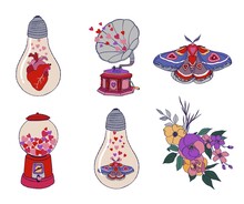 Vector Valentines Clipart. Funny Valentines Illustrations. Bubblegum Machine, Lamps And Gramophone With Hearts. Valentines Stickers And Tattoos.