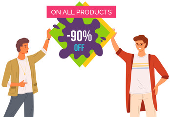 Wall Mural - Best sale and premium goods choice. Promotional banner with young people standing near inscription. Advertisement of discount poster template. Couple advertising special goods, best choice banner