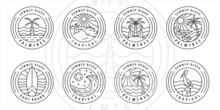 Set Of Tropical Island And Palm Tree Logo Line Art Vector Illustration Template Icon Graphic Design. Bundle Collection Of Various Paradise Icon With Typography Circle Badge 