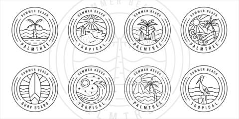 Wall Mural - set of tropical island and palm tree logo line art vector illustration template icon graphic design.