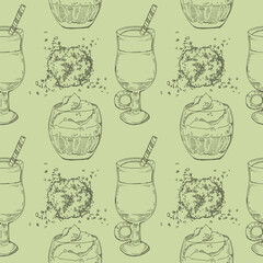 Wall Mural - Hand-drawn seamless pattern matcha cocktails and desserts.