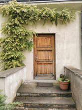 Entrance To An Old House With Stone Steps And Wooden Door. A Bush With Green Leaves Winds Over The Door. Countryside.