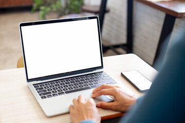 computer screen,cell phone blank mockup.hand woman work using laptop texting mobile.white background for advertising,contact business search information on desk in cafe.marketing,design