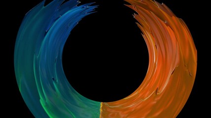 Poster - Geometric gradient waves in 3d render square textures with colorful tints. Creative cyber design with color mixing and dynamic transitions. Graphic fluid rolls over futuristic flask.