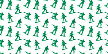 Retro Toy Soldier Doodle Seamless Pattern Illustration. Colorful 90s Style Green Military Men Background For Nostalgia Concept Or Children Game Print.